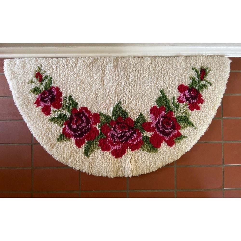 Vintage 1980 Shillcraft Handmade Latch Hook Rug Half Moon Floral Rose 36x18